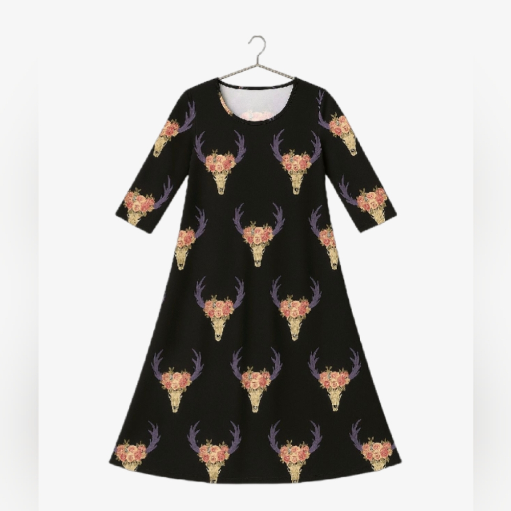 R. Rogue - Black Dress with Floral Cow Skull Design
